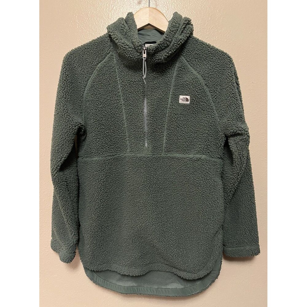 The North Face Sherpa Teddy Fleece Hoodie Tunic Pullover Green Womens Sz XS Cozy